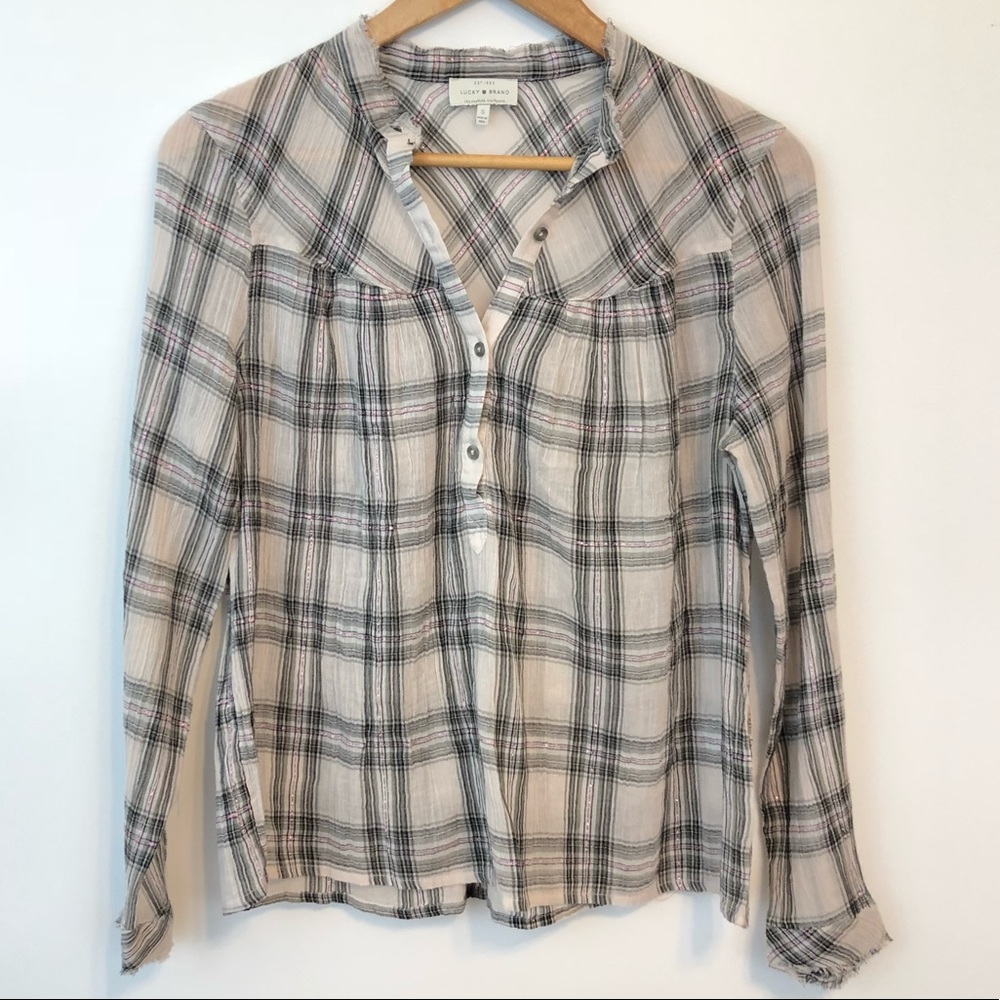 Lucky Brand Shimmer Plaid Blouse 1/4 Button Down